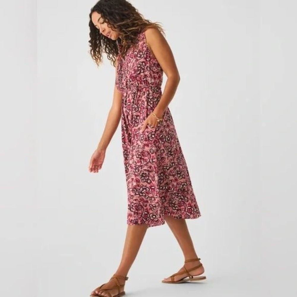 Faherty Isha Linen Blend Floral Coastal Boho Midi Dress Desert Bloom Size S - Picture 2 of 9